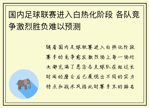 国内足球联赛进入白热化阶段 各队竞争激烈胜负难以预测