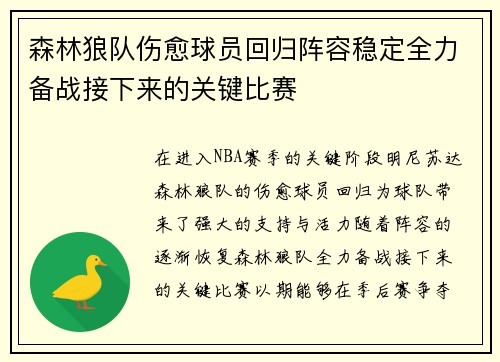 森林狼队伤愈球员回归阵容稳定全力备战接下来的关键比赛