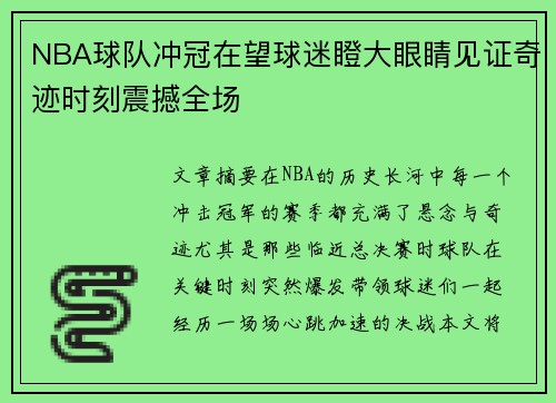 NBA球队冲冠在望球迷瞪大眼睛见证奇迹时刻震撼全场