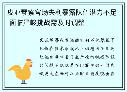 皮亚琴察客场失利暴露队伍潜力不足 面临严峻挑战需及时调整