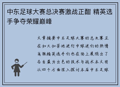 中东足球大赛总决赛激战正酣 精英选手争夺荣耀巅峰