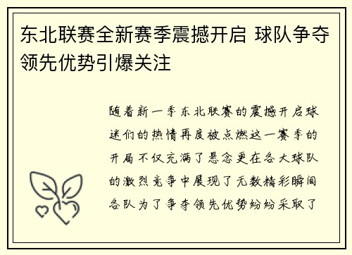 东北联赛全新赛季震撼开启 球队争夺领先优势引爆关注