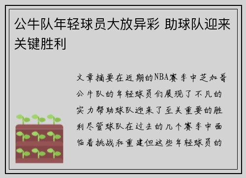 公牛队年轻球员大放异彩 助球队迎来关键胜利